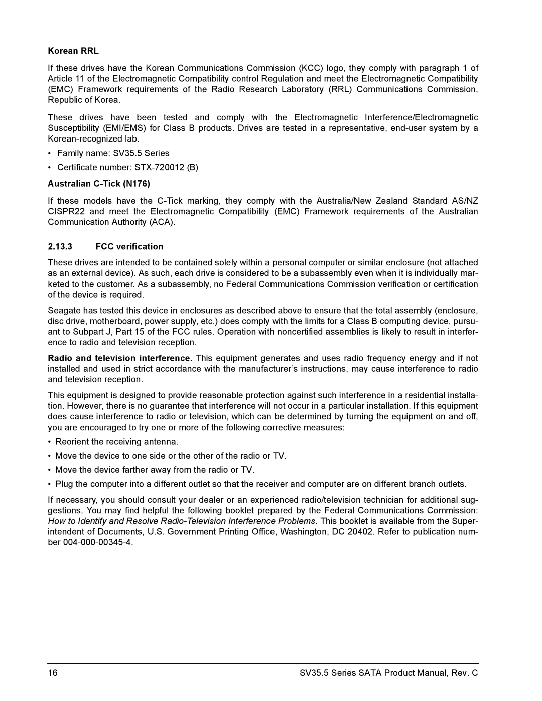 Seagate ST3250311SV, ST3500410SV manual Korean RRL, Australian C-Tick N176, FCC verification 