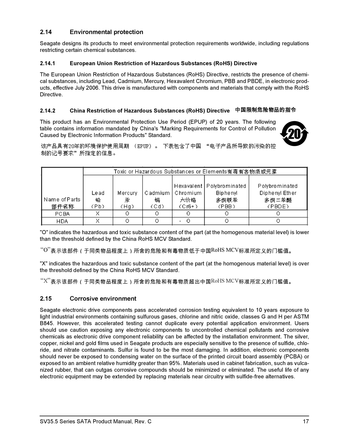 Seagate ST3500410SV, ST3250311SV manual Environmental protection, Corrosive environment 