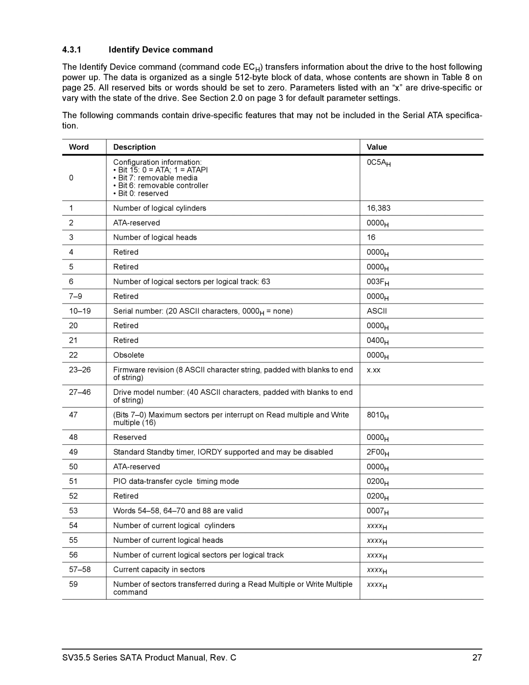 Seagate ST3500410SV, ST3250311SV manual Identify Device command, Word Description Value 