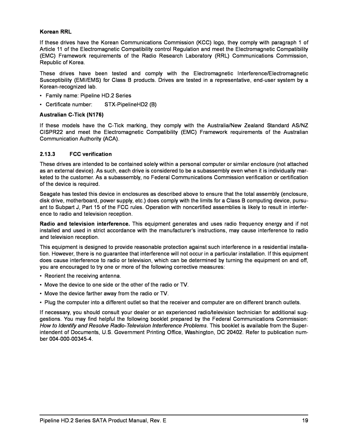 Seagate ST3320413CS, ST3250312CS, ST3250412CS, ST3500414CS, ST3500312CS Korean RRL, Australian C-Tick N176, FCC verification 