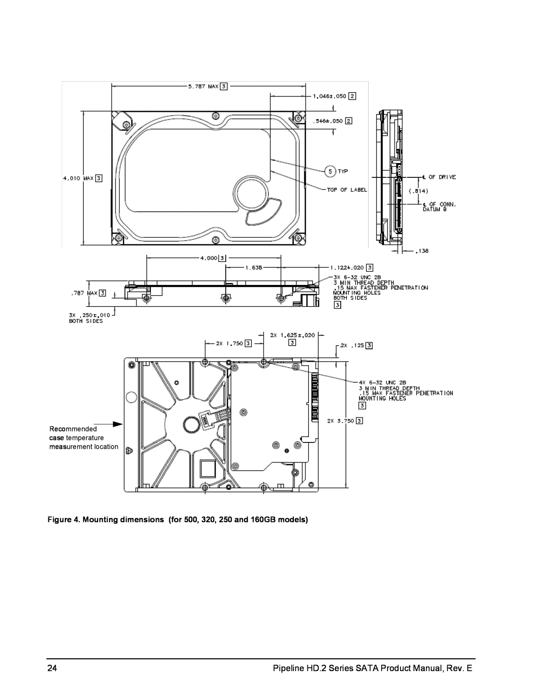 Seagate ST3250312CS, ST3250412CS, ST3500414CS, ST3320413CS manual Mounting dimensions for 500, 320, 250 and 160GB models 