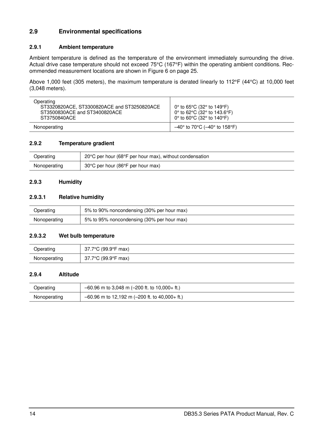 Seagate ST3400820ACE, ST3250820ACE, ST3320820ACE, ST3300820ACE, ST3750840ACE, ST3500830ACE manual Environmental specifications 