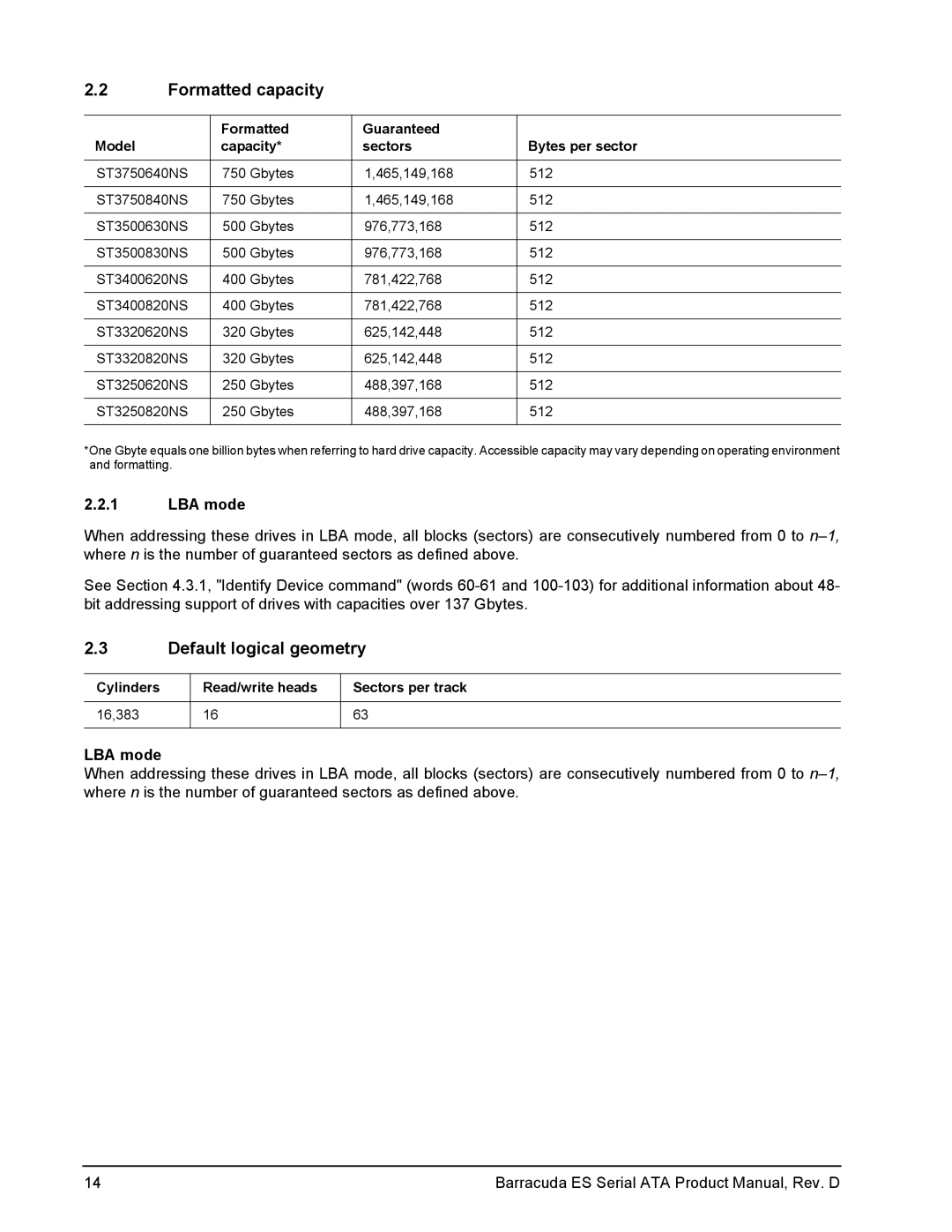 Seagate ST3250820NS, ST3250620NS, ST3320620NS, ST3750640NS manual Formatted capacity, Default logical geometry, LBA mode 