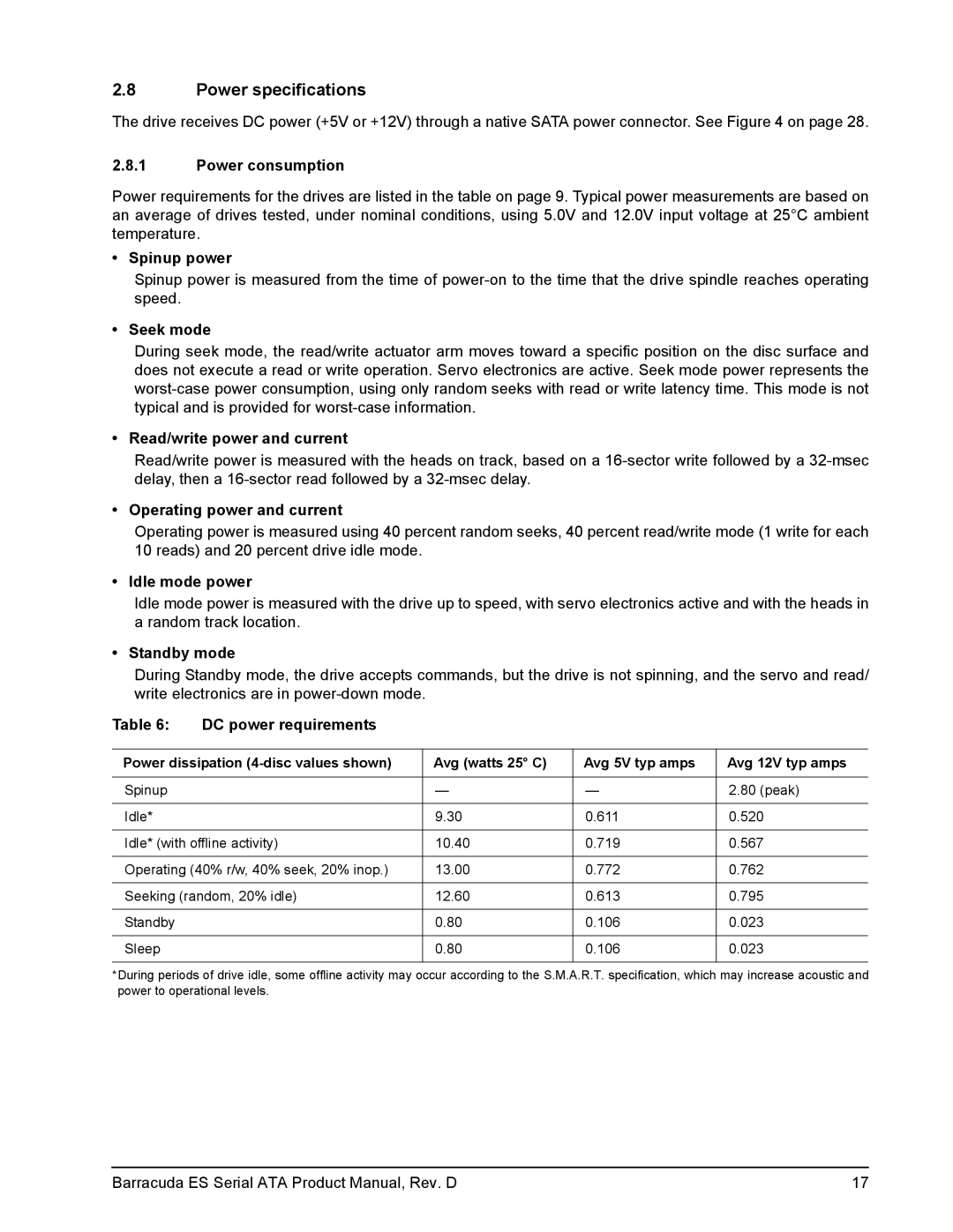 Seagate ST3750640NS, ST3250820NS, ST3250620NS, ST3320620NS, ST3750840NS, ST3400820NS, ST3400620NS manual Power specifications 