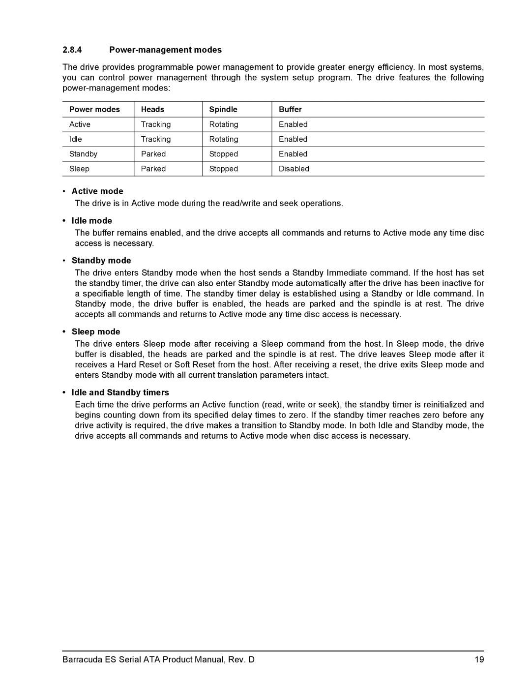 Seagate ST3400820NS, ST3250820NS manual Power-management modes, Active mode, Idle mode, Sleep mode, Idle and Standby timers 