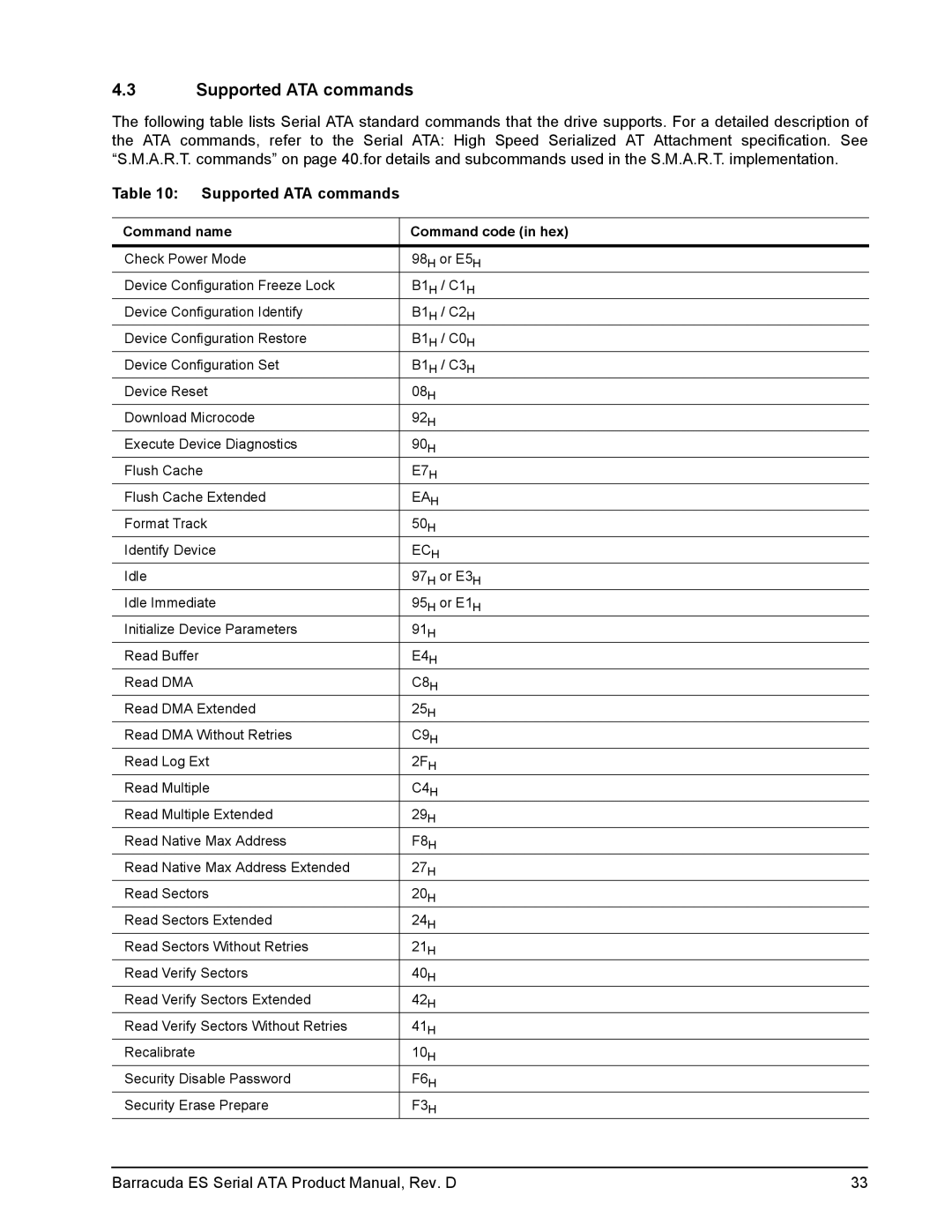 Seagate ST3500630NS, ST3250820NS, ST3250620NS, ST3320620NS manual Supported ATA commands, Command name Command code in hex 