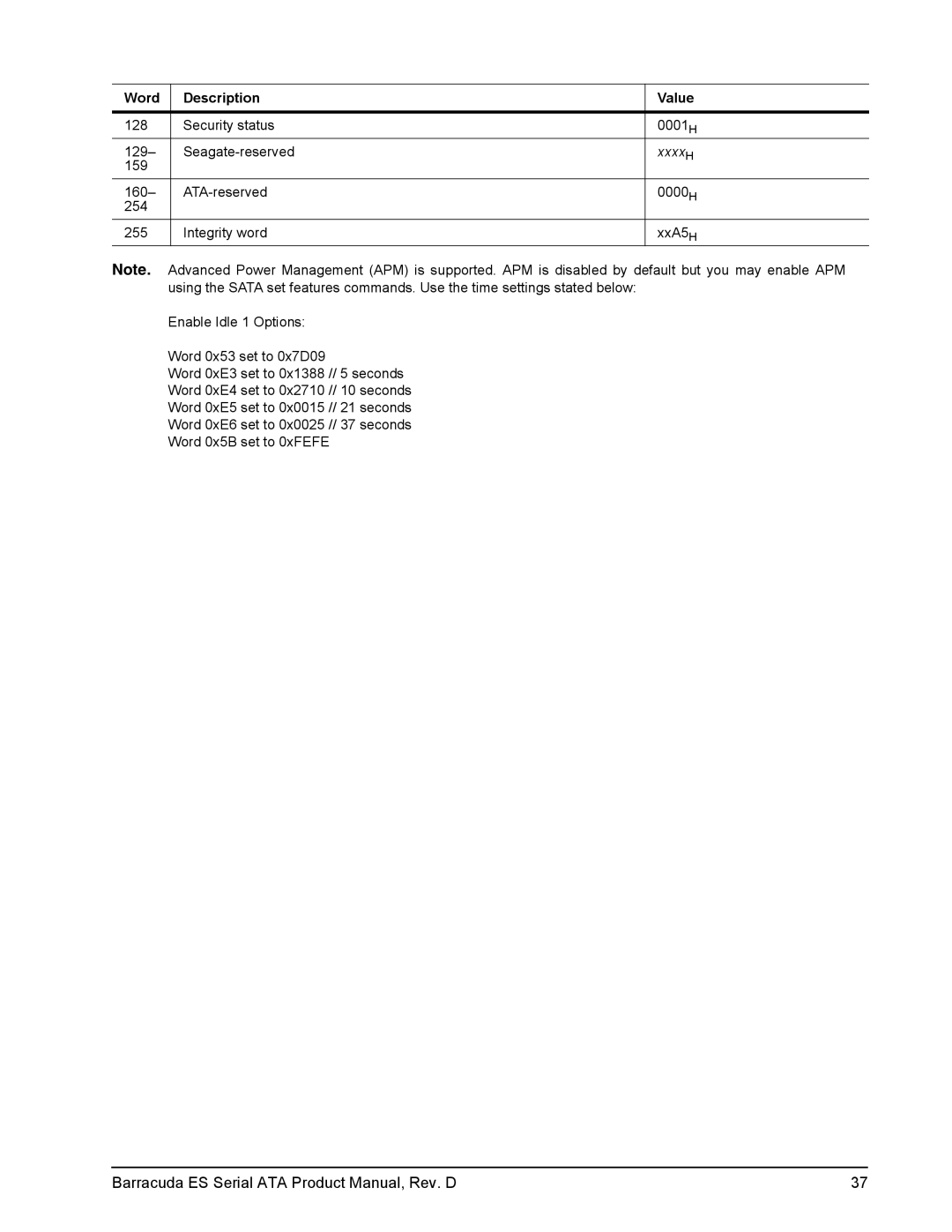 Seagate ST3750640NS, ST3250820NS, ST3250620NS, ST3320620NS, ST3750840NS manual Security status 0001H 129 Seagate-reserved 