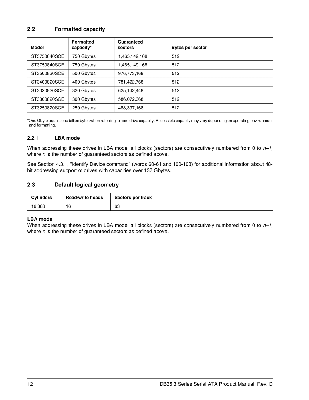 Seagate ST3400820SCE, ST3250820SCE, ST3300820SCE, ST3750640SCE manual Formatted capacity, Default logical geometry, LBA mode 