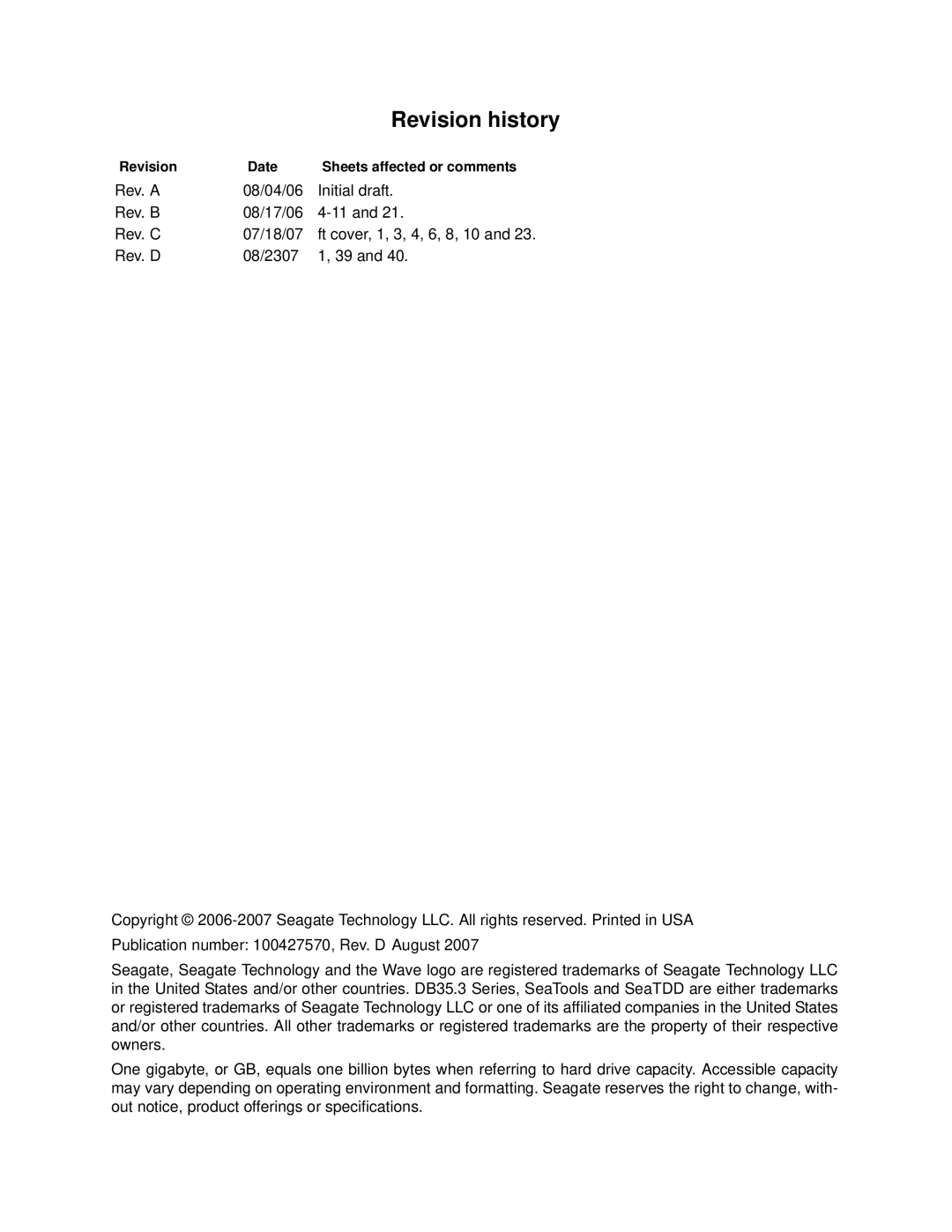 Seagate ST3750640SCE, ST3250820SCE, ST3300820SCE, ST3750840SCE Revision history, Revision Date Sheets affected or comments 