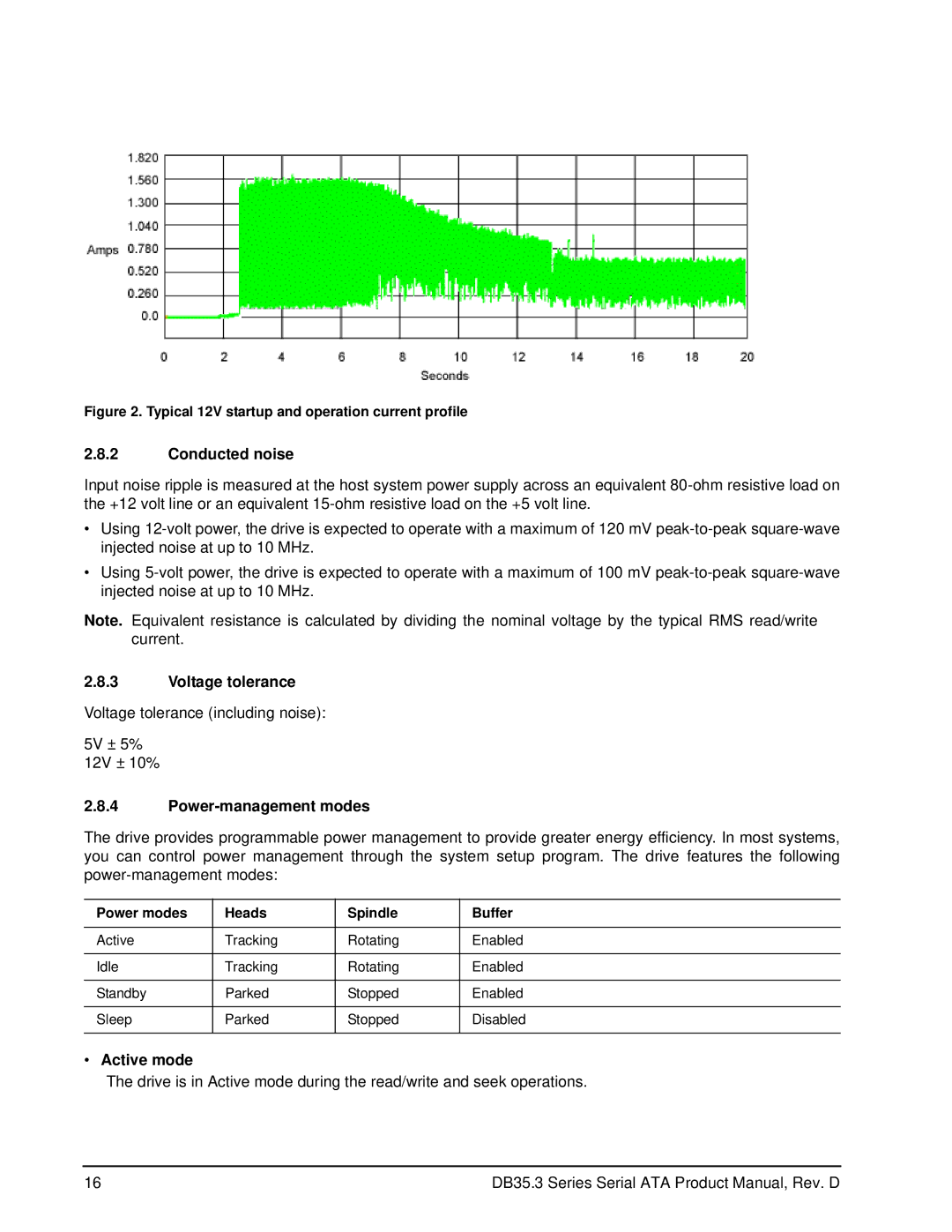 Seagate ST3300820SCE, ST3250820SCE, ST3750640SCE Conducted noise, Voltage tolerance, Power-management modes, Active mode 