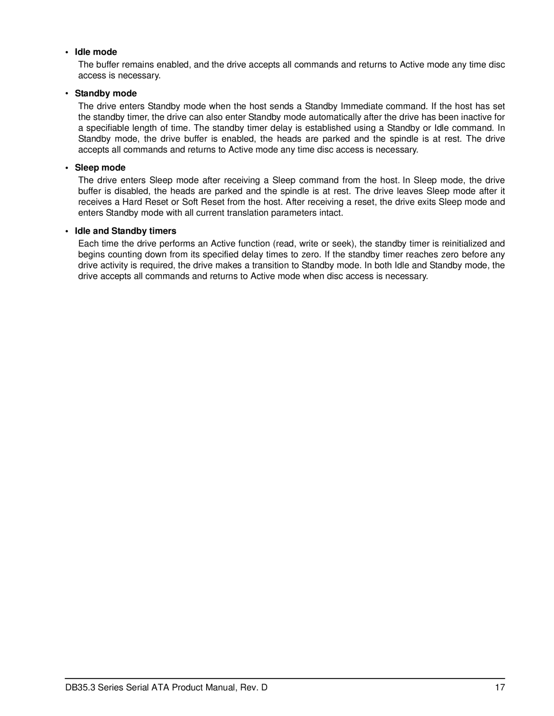 Seagate ST3750640SCE, ST3250820SCE, ST3300820SCE, ST3750840SCE, ST3400820SCE Idle mode, Sleep mode, Idle and Standby timers 
