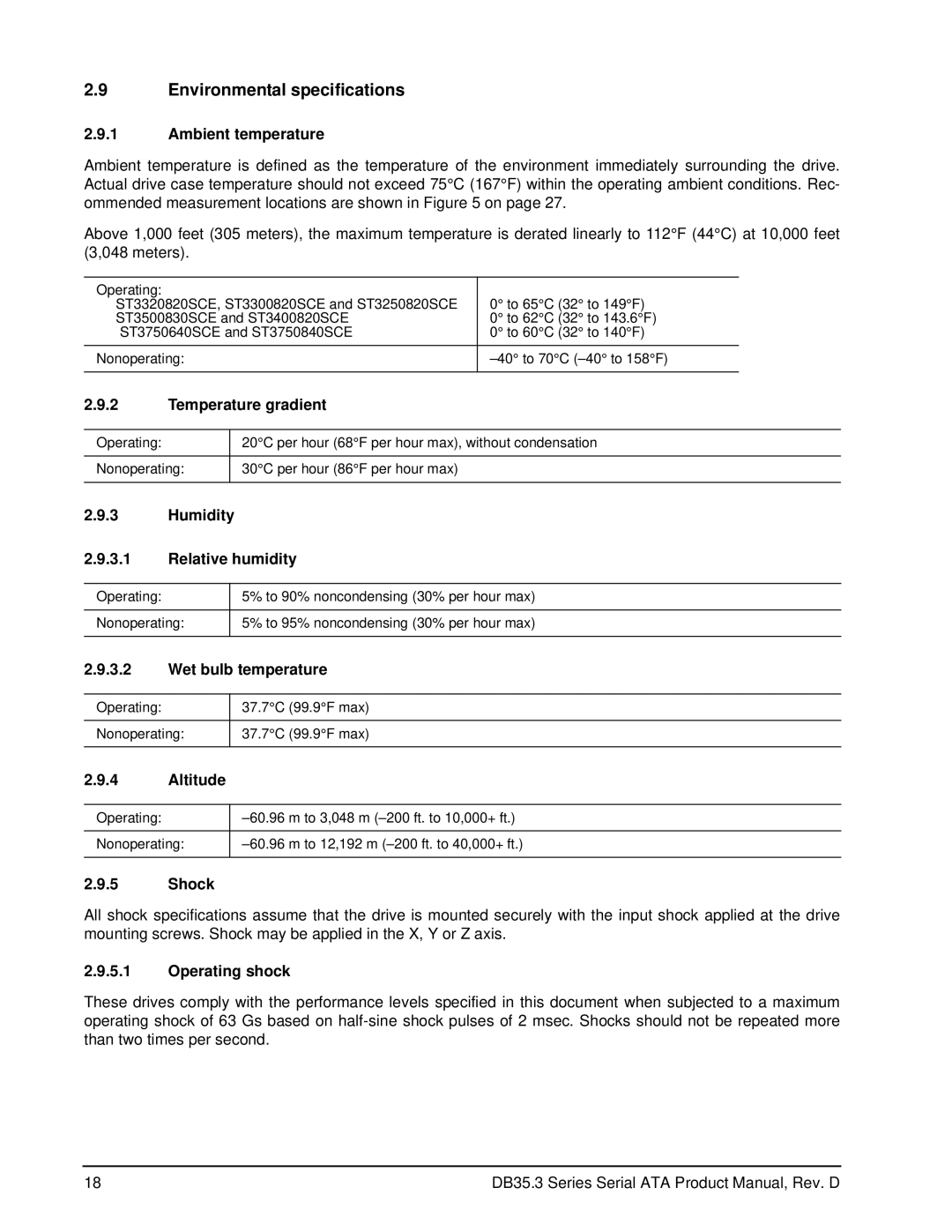 Seagate ST3750840SCE, ST3250820SCE, ST3300820SCE, ST3750640SCE, ST3400820SCE, ST3320820SCE manual Environmental specifications 