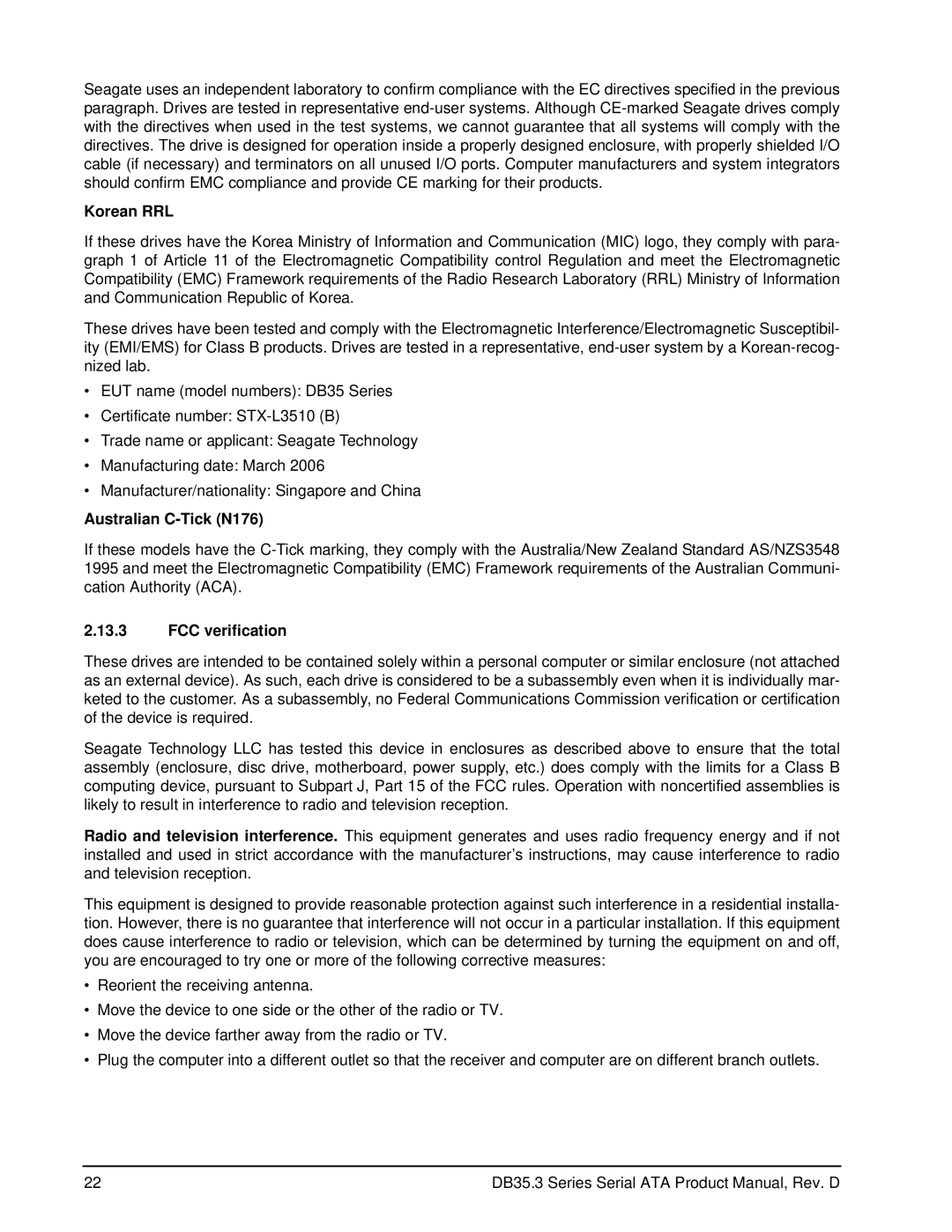 Seagate ST3250820SCE, ST3300820SCE, ST3750640SCE, ST3750840SCE manual Korean RRL, Australian C-Tick N176, FCC verification 