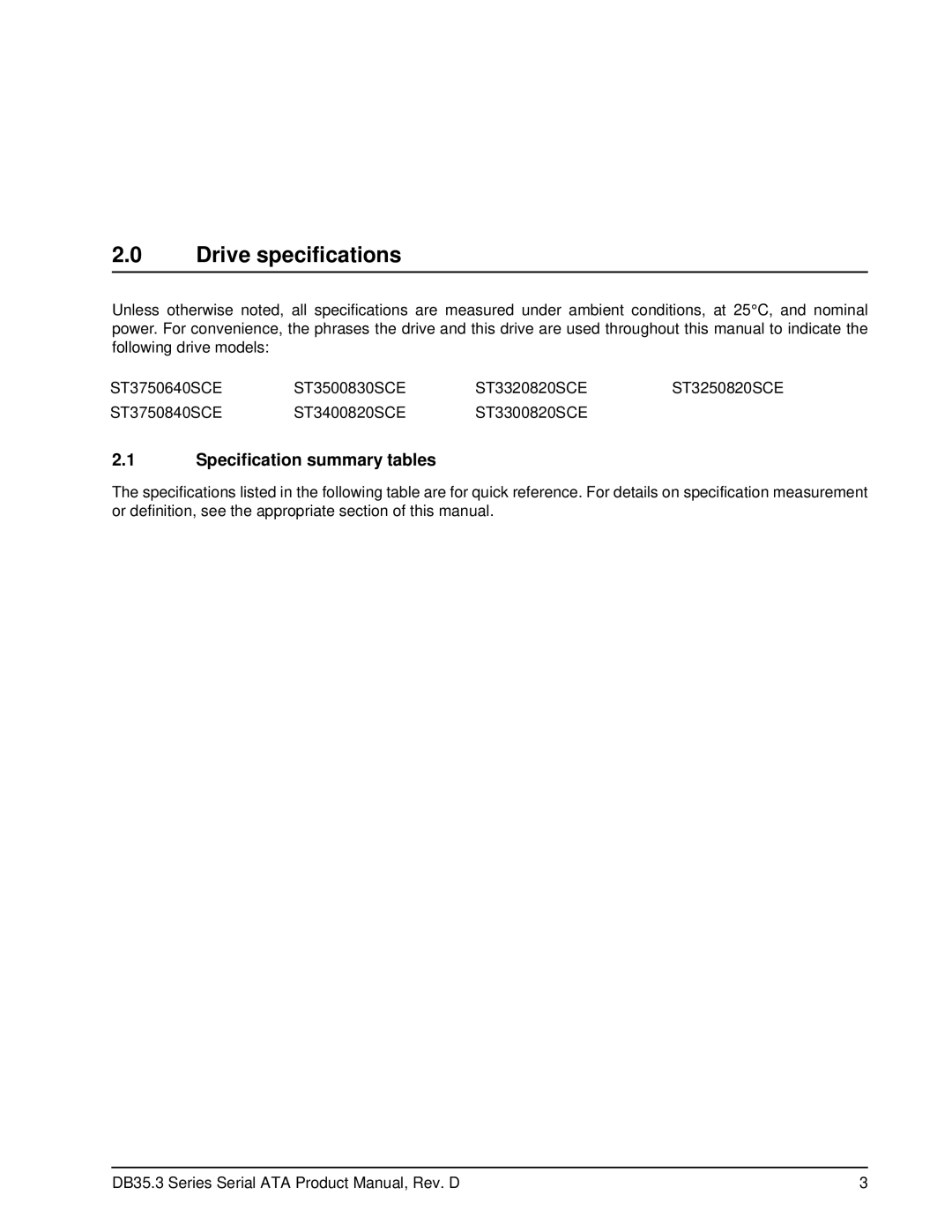 Seagate ST3750640SCE, ST3250820SCE, ST3300820SCE, ST3750840SCE manual Drive specifications, Specification summary tables 