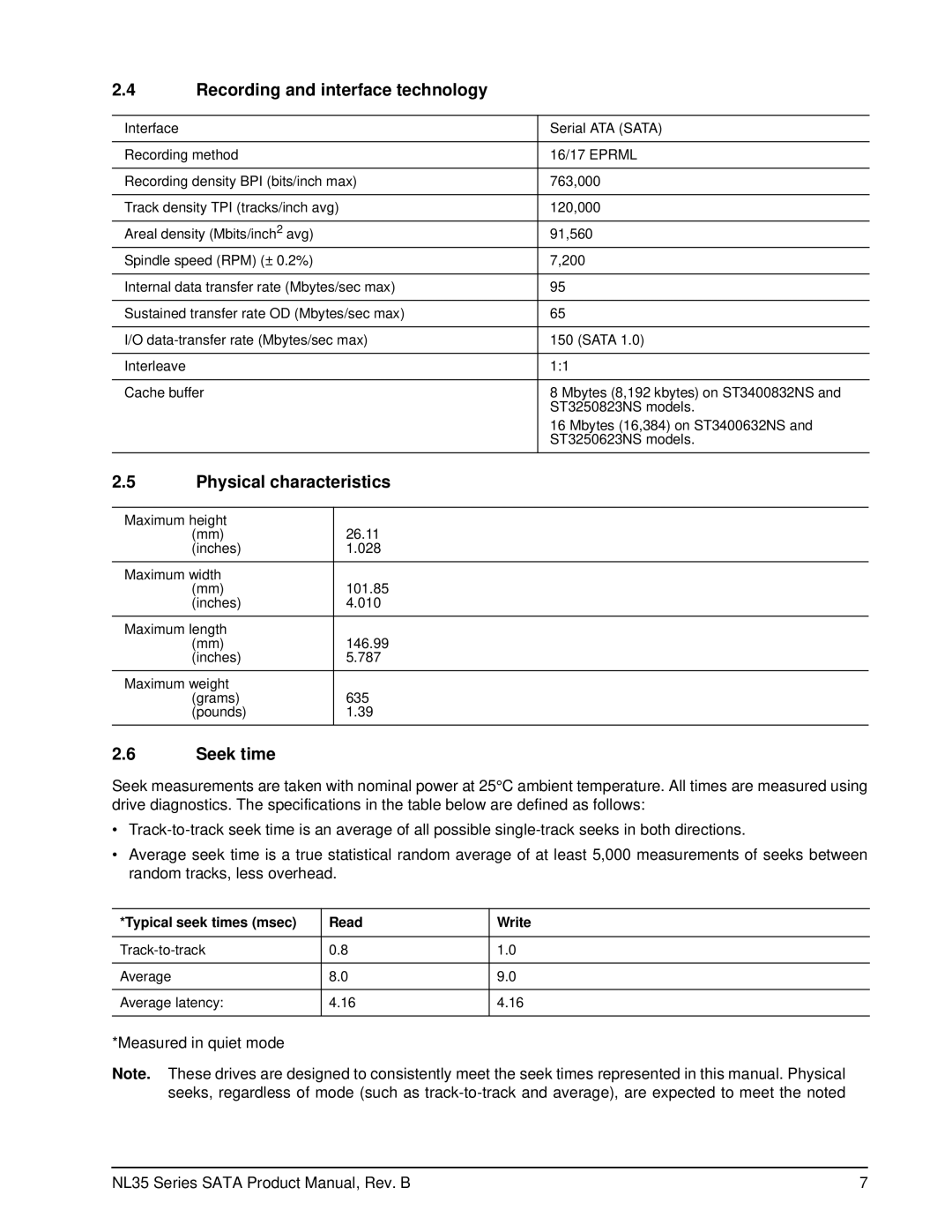 Seagate ST3250623NS, ST3250823NS, ST3400632NS manual Recording and interface technology, Physical characteristics, Seek time 