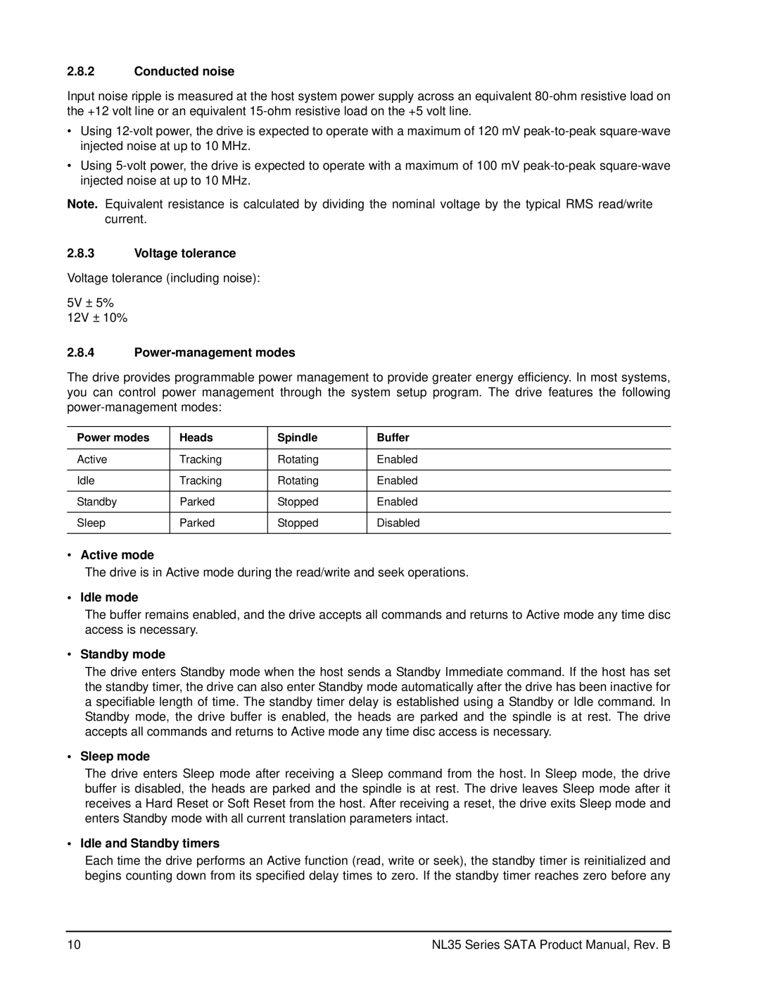 Seagate ST3250823NS manual Conducted noise, Voltage tolerance, Power-management modes, Active mode, Idle mode, Sleep mode 