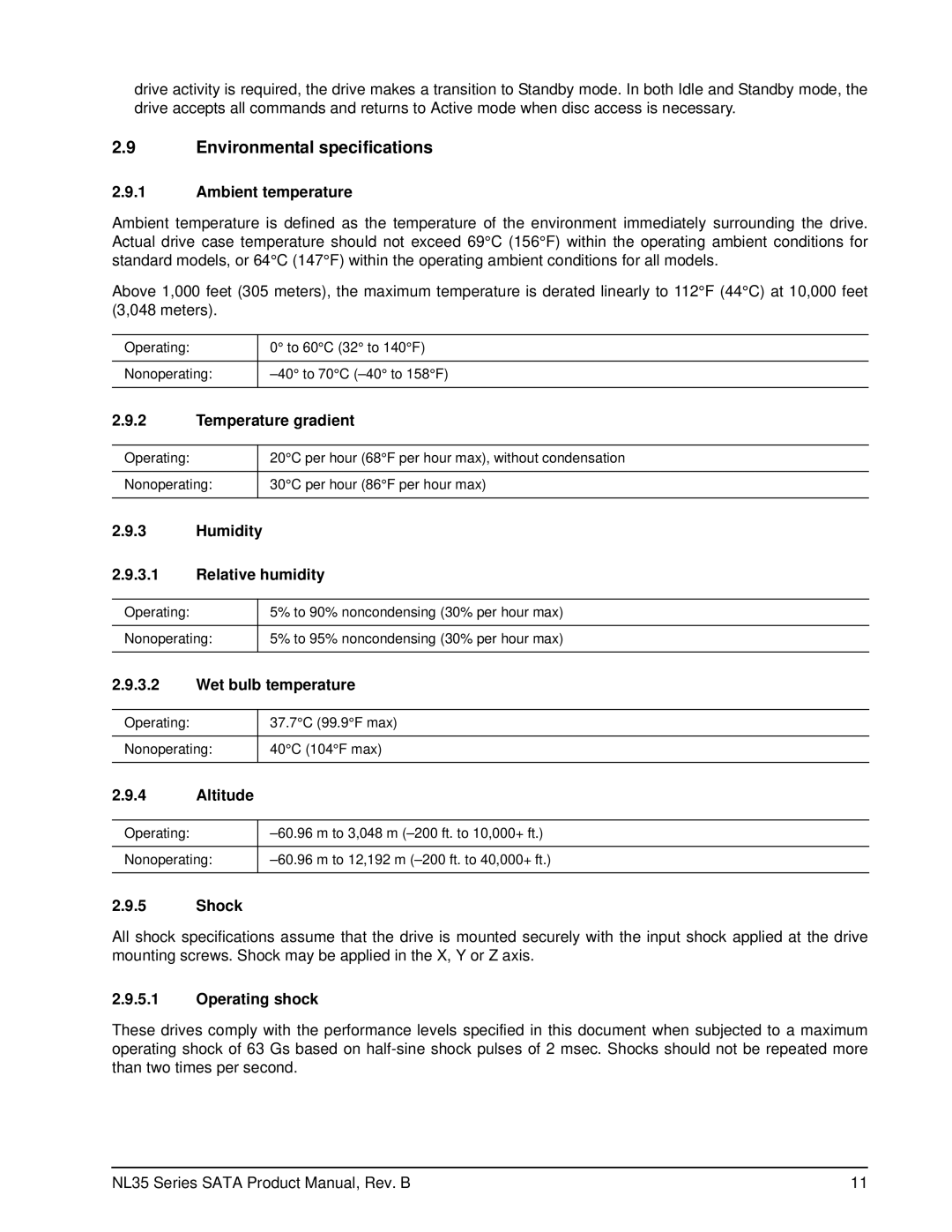 Seagate ST3250623NS, ST3250823NS, ST3400632NS, ST3400832NS manual Environmental specifications 