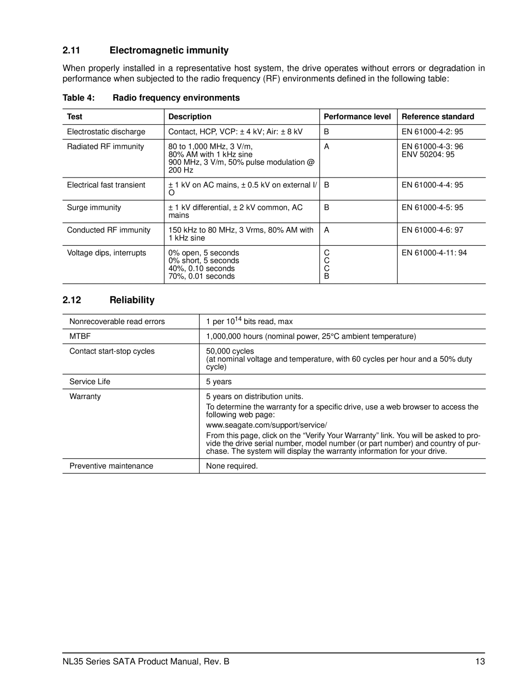 Seagate ST3400832NS, ST3250823NS, ST3250623NS manual Electromagnetic immunity, Reliability, Radio frequency environments 