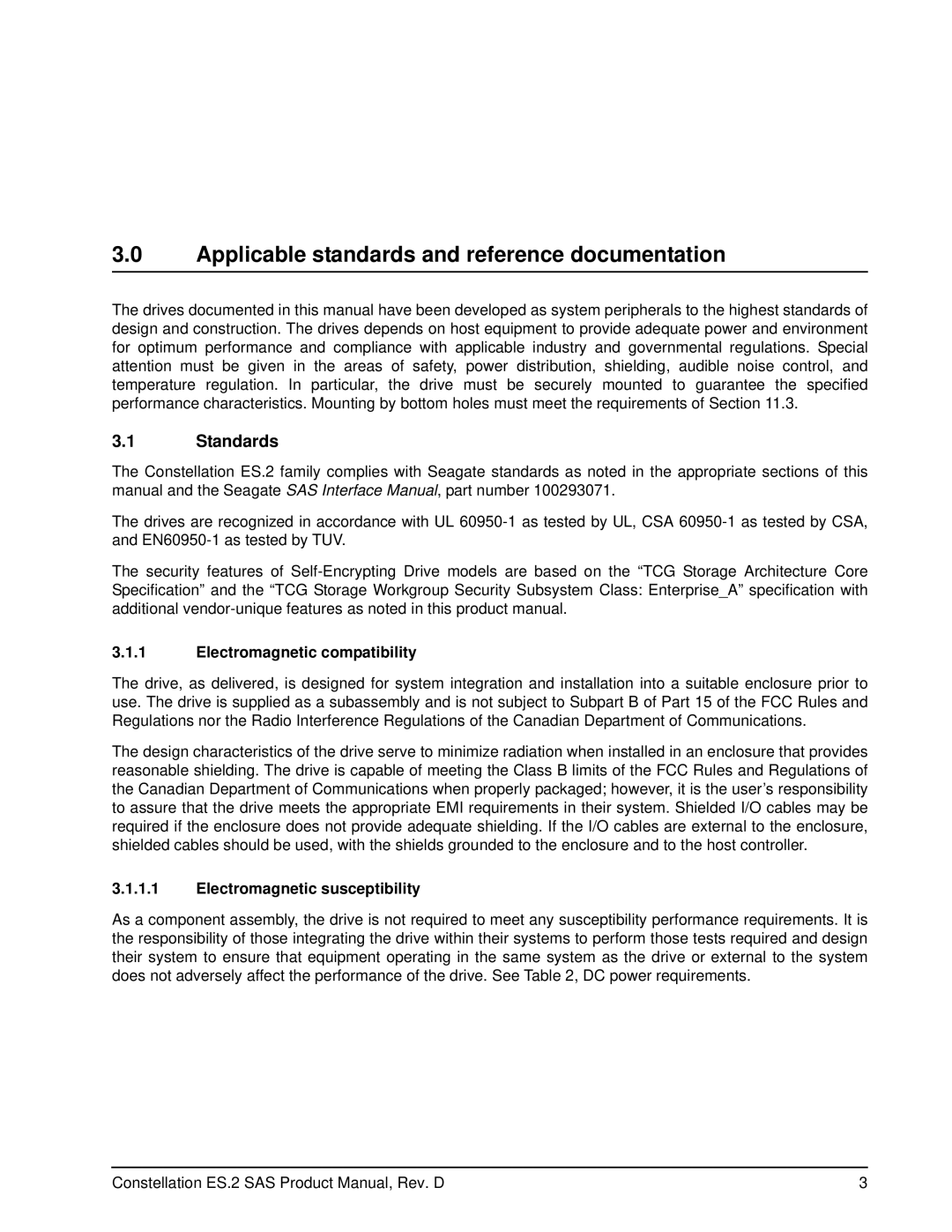 Seagate ST33000651SS manual Applicable standards and reference documentation, Standards, Electromagnetic compatibility 