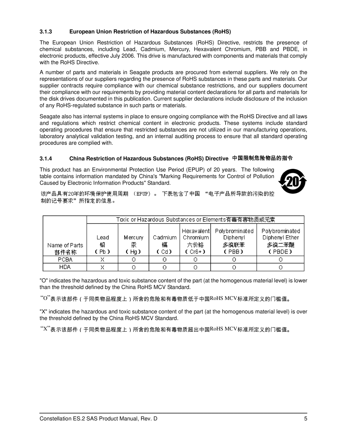 Seagate ST33000650SS, ST33000652SS, ST33000651SS manual European Union Restriction of Hazardous Substances RoHS 