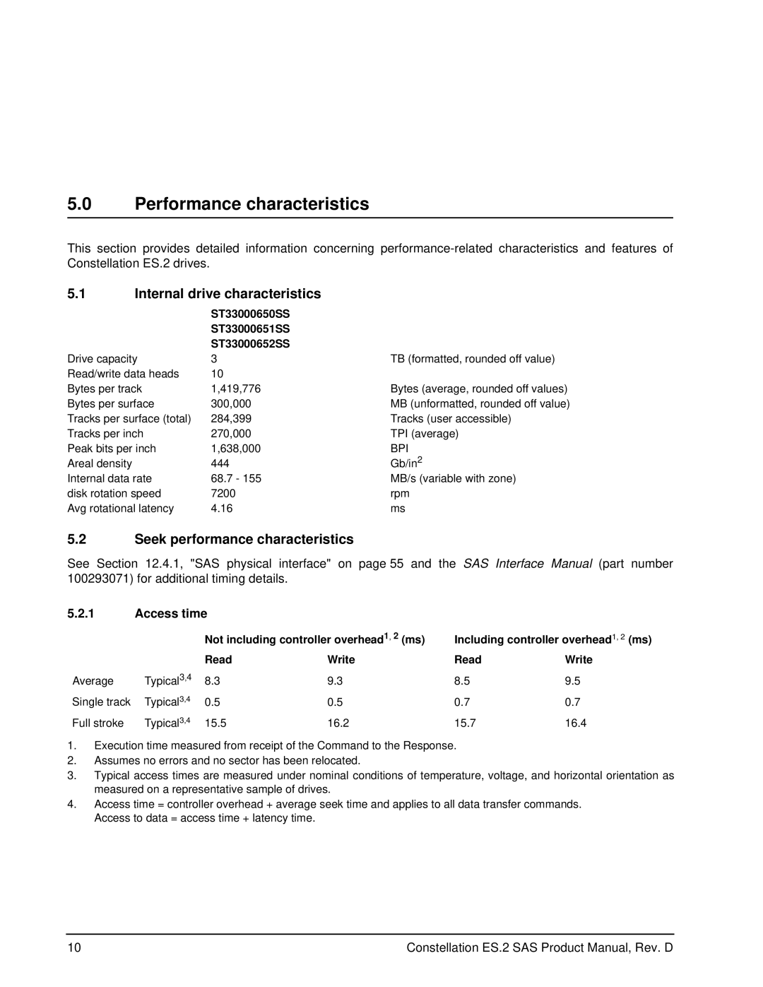 Seagate ST33000652SS manual Performance characteristics, Internal drive characteristics, Seek performance characteristics 