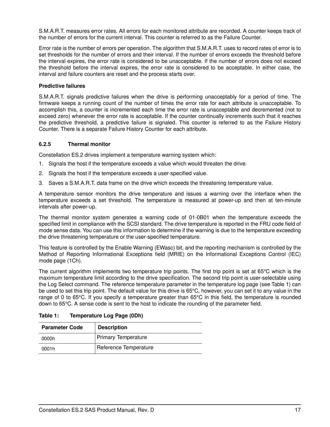 Seagate ST33000650SS manual Predictive failures, Thermal monitor, Temperature Log Page 0Dh Parameter Code Description 