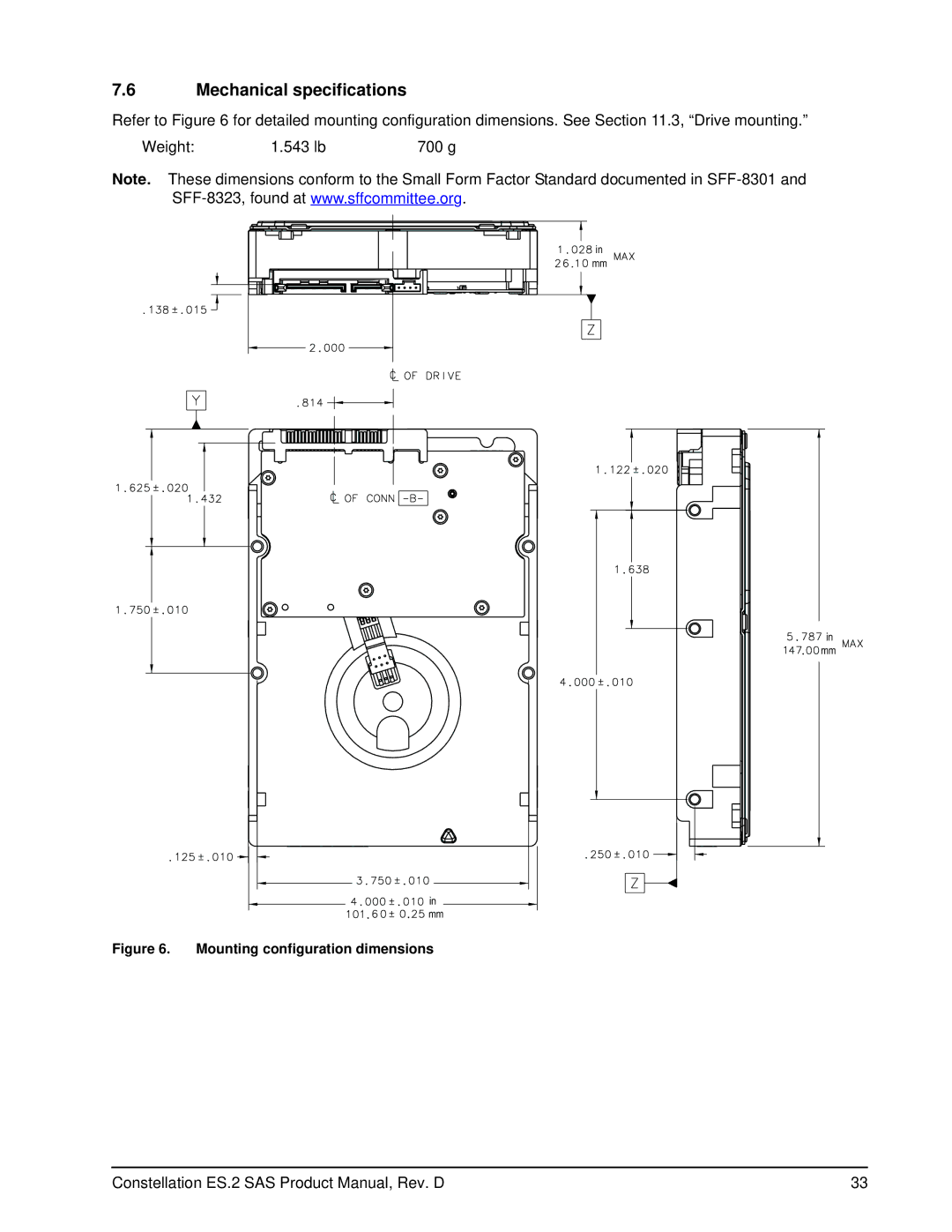 Seagate ST33000651SS, ST33000652SS, ST33000650SS manual Mechanical specifications, Mounting configuration dimensions 