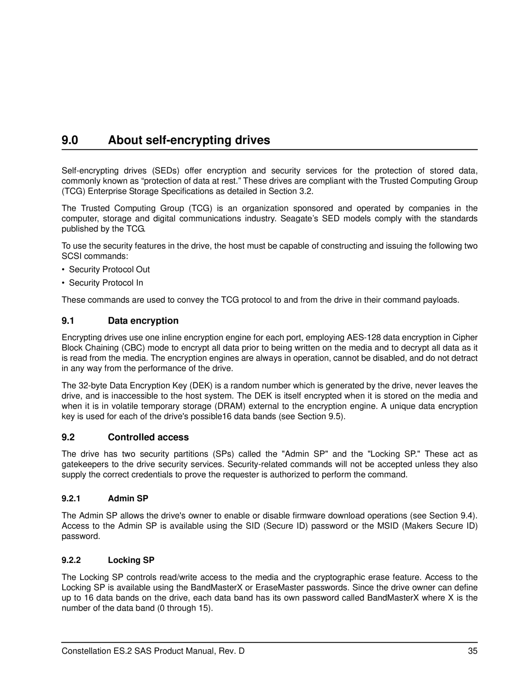 Seagate ST33000650SS, ST33000652SS About self-encrypting drives, Data encryption, Controlled access, Admin SP, Locking SP 