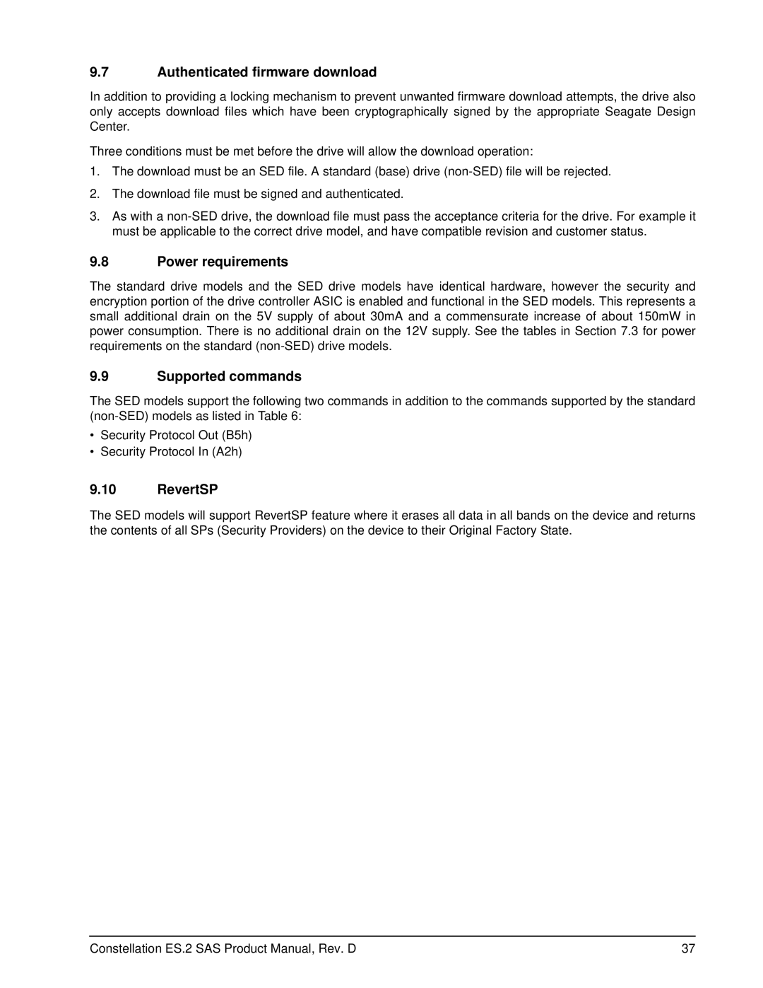 Seagate ST33000652SS, ST33000650SS manual Authenticated firmware download, Power requirements, Supported commands, RevertSP 