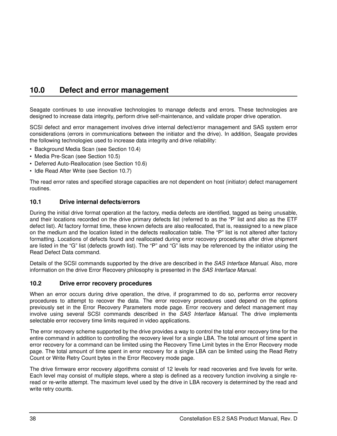 Seagate ST33000650SS manual Defect and error management, Drive internal defects/errors, Drive error recovery procedures 