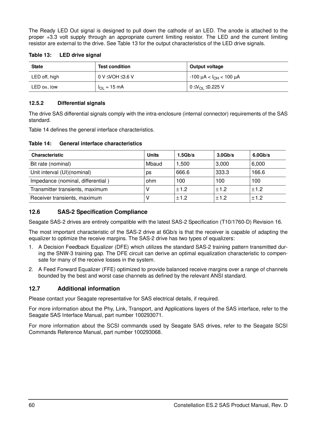 Seagate ST33000651SS manual SAS-2 Specification Compliance, Additional information, LED drive signal, Differential signals 