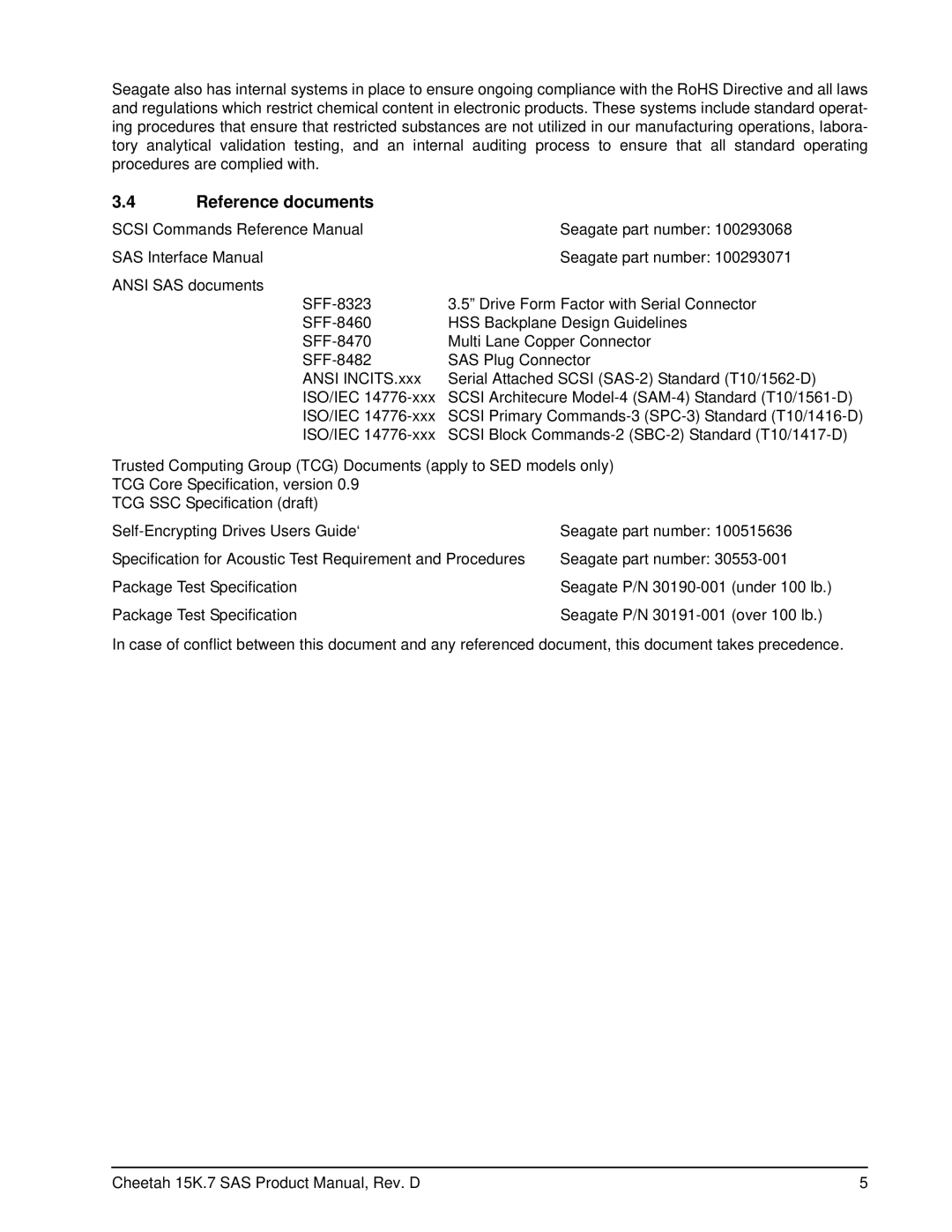 Seagate ST3600857SS, ST3300457SS, ST3450657SS manual Reference documents 