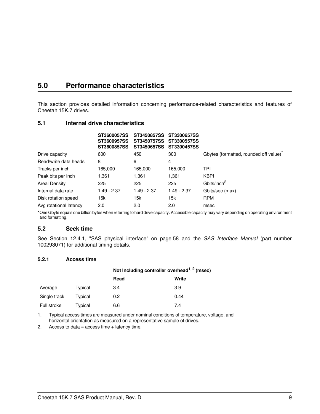 Seagate ST3300457SS, ST3450657SS manual Performance characteristics, Internal drive characteristics, Seek time, Access time 