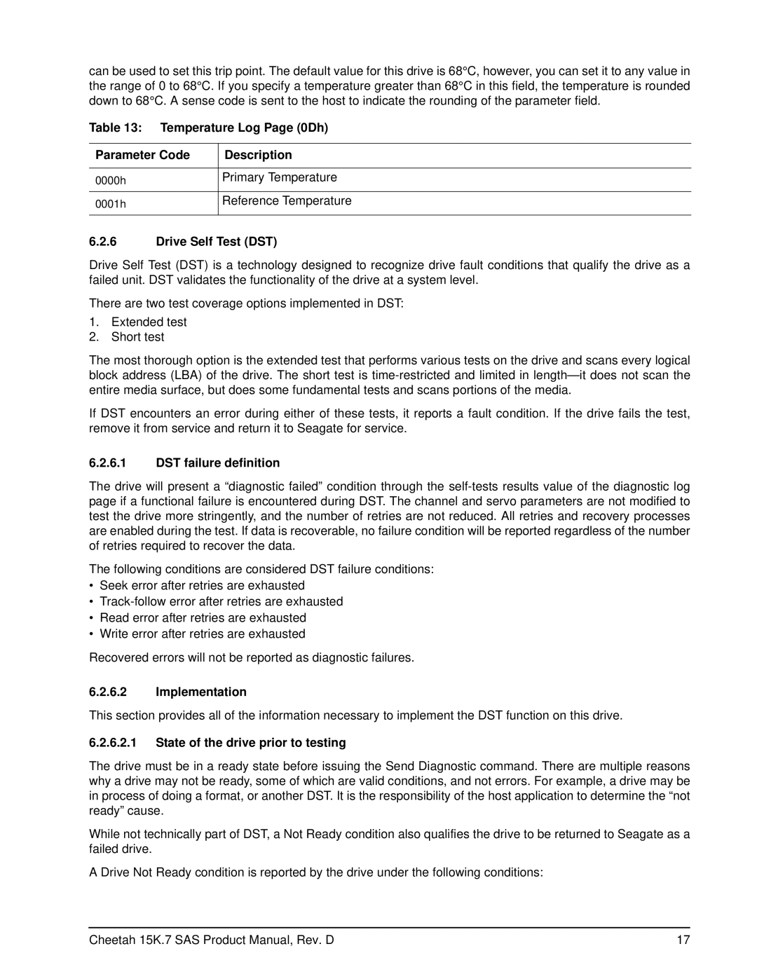 Seagate ST3600857SS manual Temperature Log Page 0Dh Parameter Code Description, Drive Self Test DST, DST failure definition 