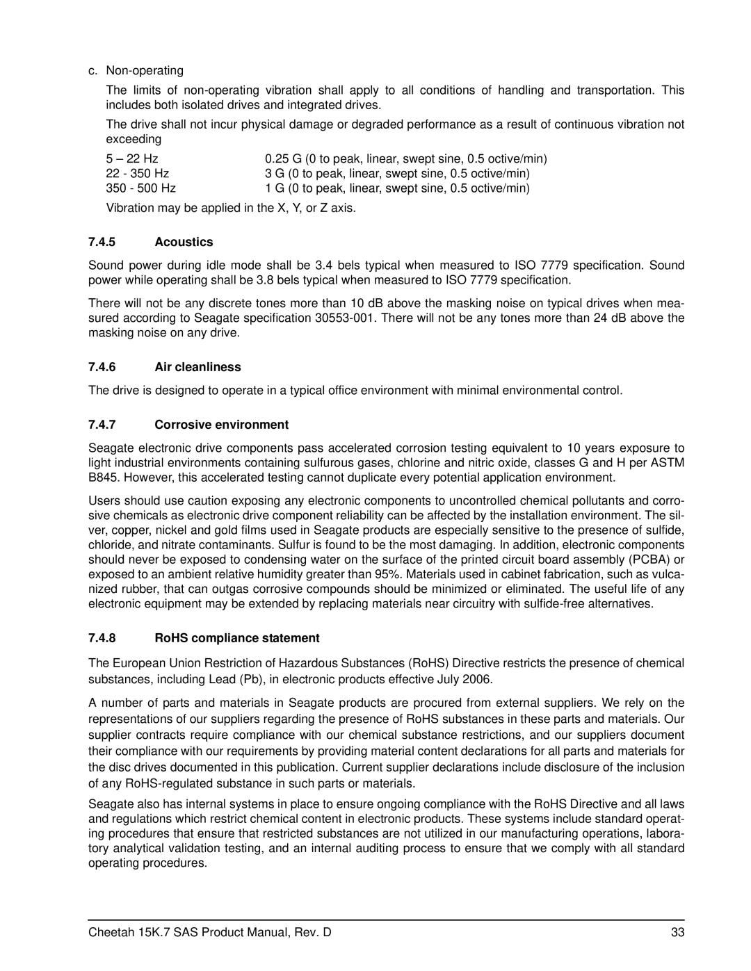 Seagate ST3300457SS, ST3450657SS, ST3600857SS Acoustics, Air cleanliness, Corrosive environment, RoHS compliance statement 