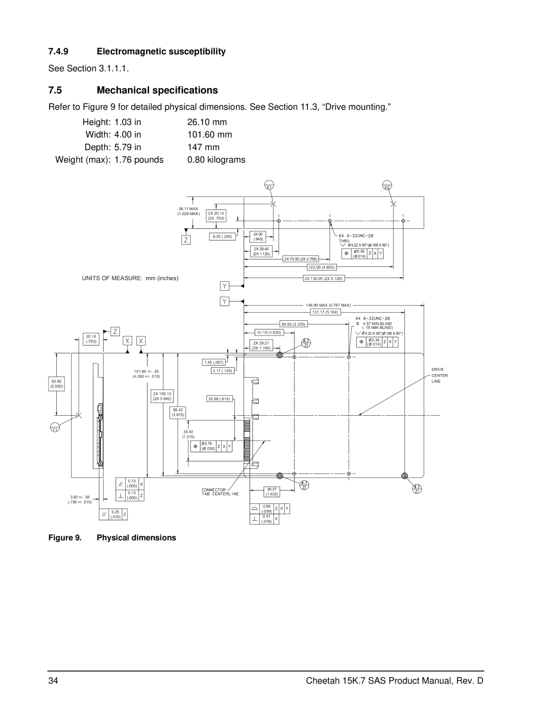 Seagate ST3450657SS, ST3300457SS, ST3600857SS manual Mechanical specifications, Units of Measure mm inches 