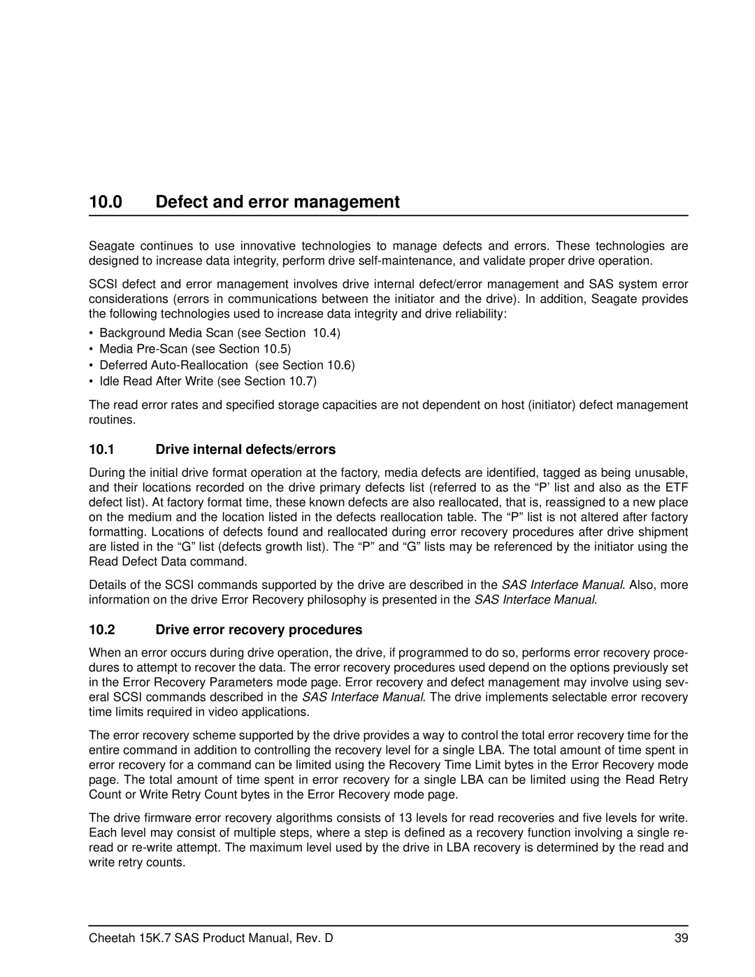 Seagate ST3300457SS manual Defect and error management, Drive internal defects/errors, Drive error recovery procedures 