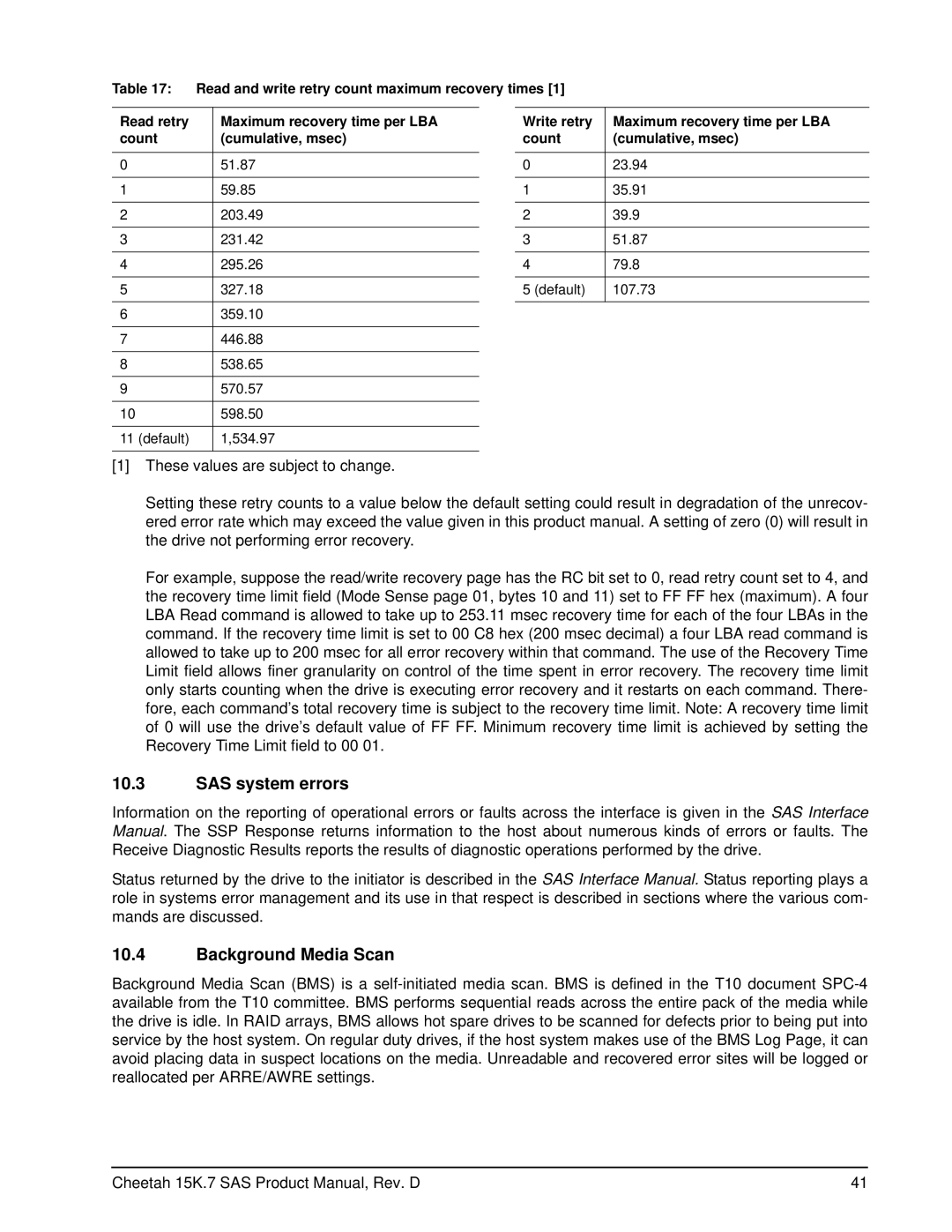 Seagate ST3600857SS, ST3300457SS, ST3450657SS manual SAS system errors, Background Media Scan 