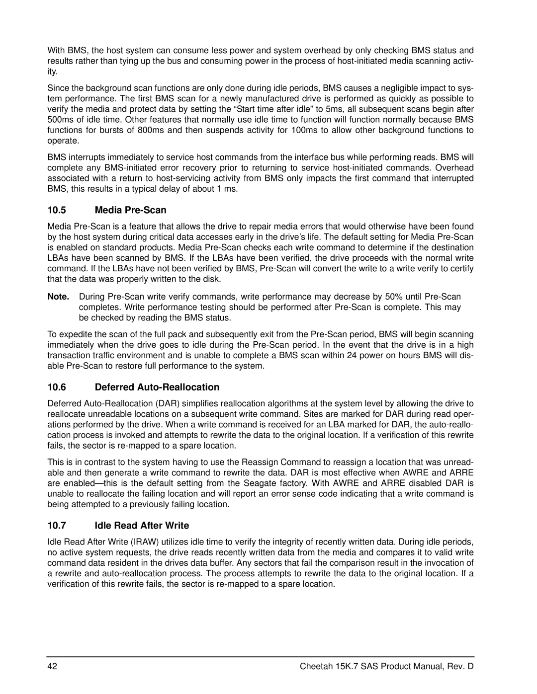 Seagate ST3300457SS, ST3450657SS, ST3600857SS manual Media Pre-Scan, Deferred Auto-Reallocation, Idle Read After Write 