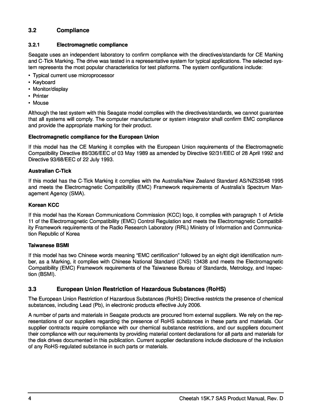 Seagate ST3450657SS manual Compliance, European Union Restriction of Hazardous Substances RoHS, Electromagnetic compliance 