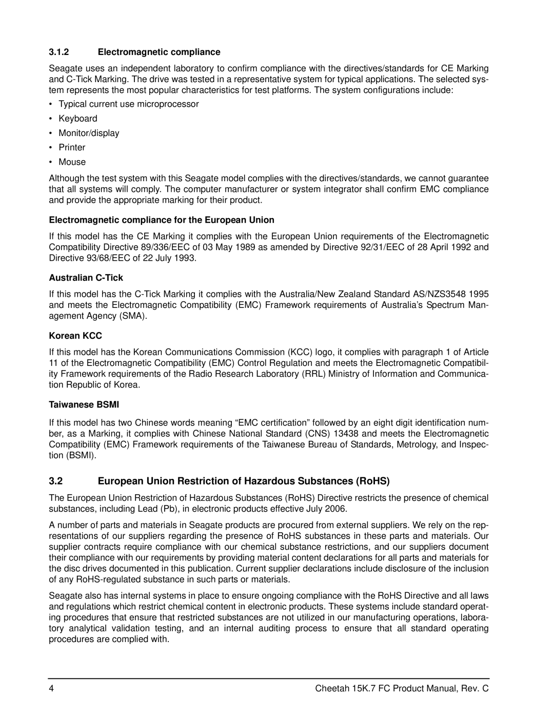 Seagate ST3300457FC, ST3300557FC, ST3300657FC, ST3450857FC manual European Union Restriction of Hazardous Substances RoHS 