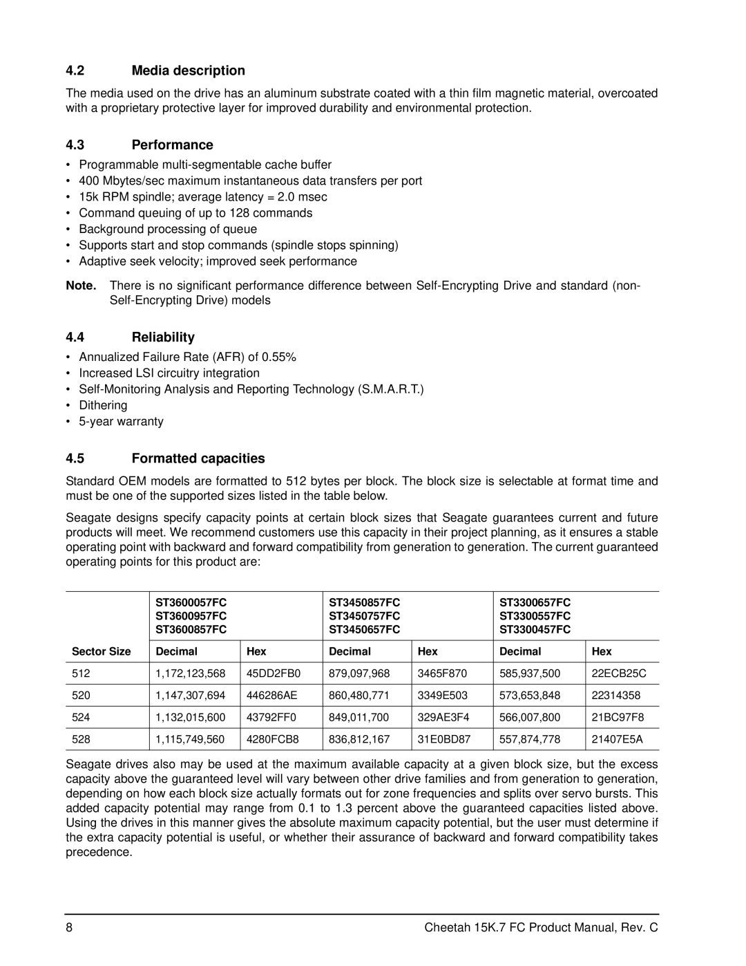 Seagate ST3450657FC, ST3300557FC, ST3300457FC, ST3300657FC Media description, Performance, Reliability, Formatted capacities 