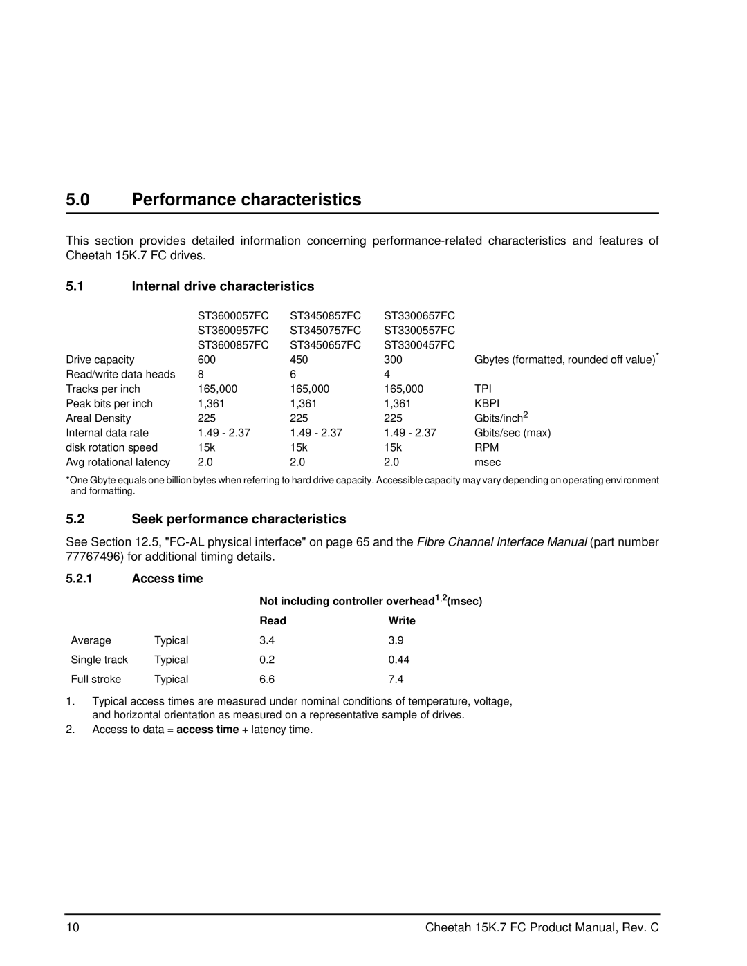 Seagate ST3600957FC manual Performance characteristics, Internal drive characteristics, Seek performance characteristics 