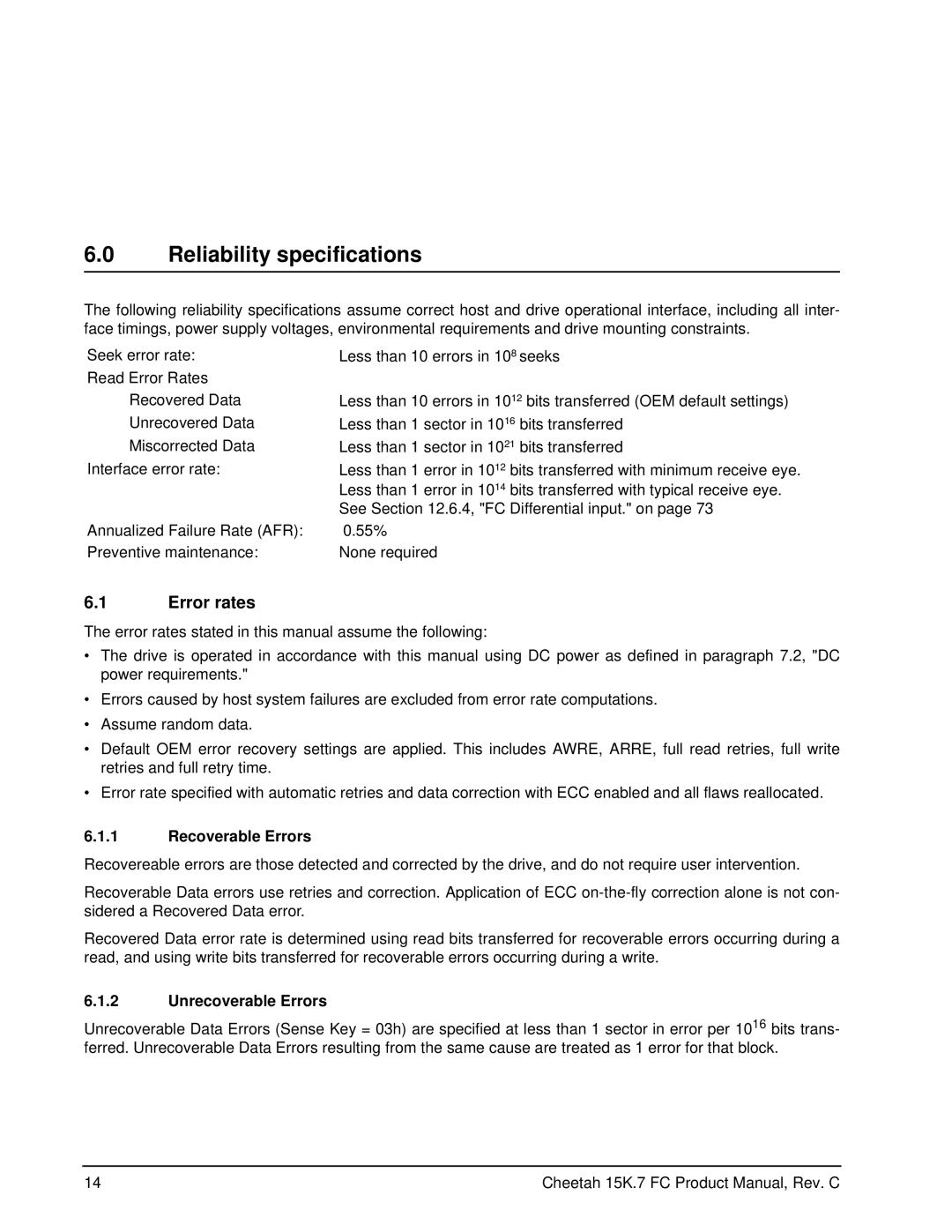 Seagate ST3300657FC, ST3300557FC manual Reliability specifications, Error rates, Recoverable Errors, Unrecoverable Errors 