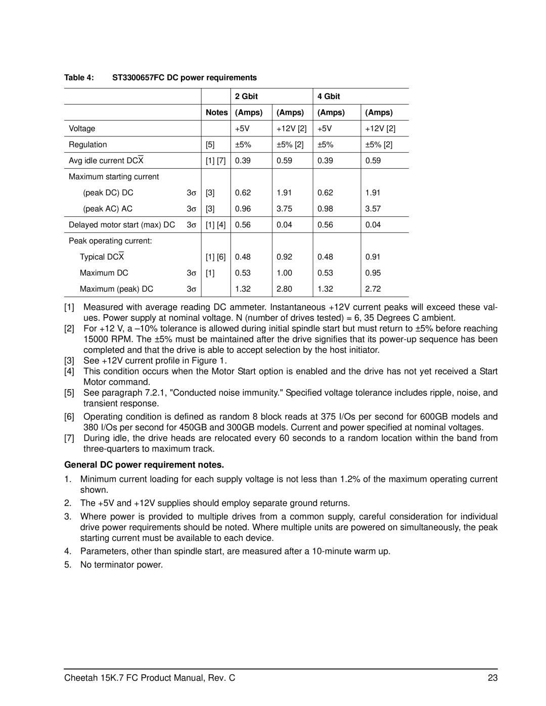 Seagate ST3300557FC, ST3300457FC manual General DC power requirement notes, ST3300657FC DC power requirements Gbit Amps 