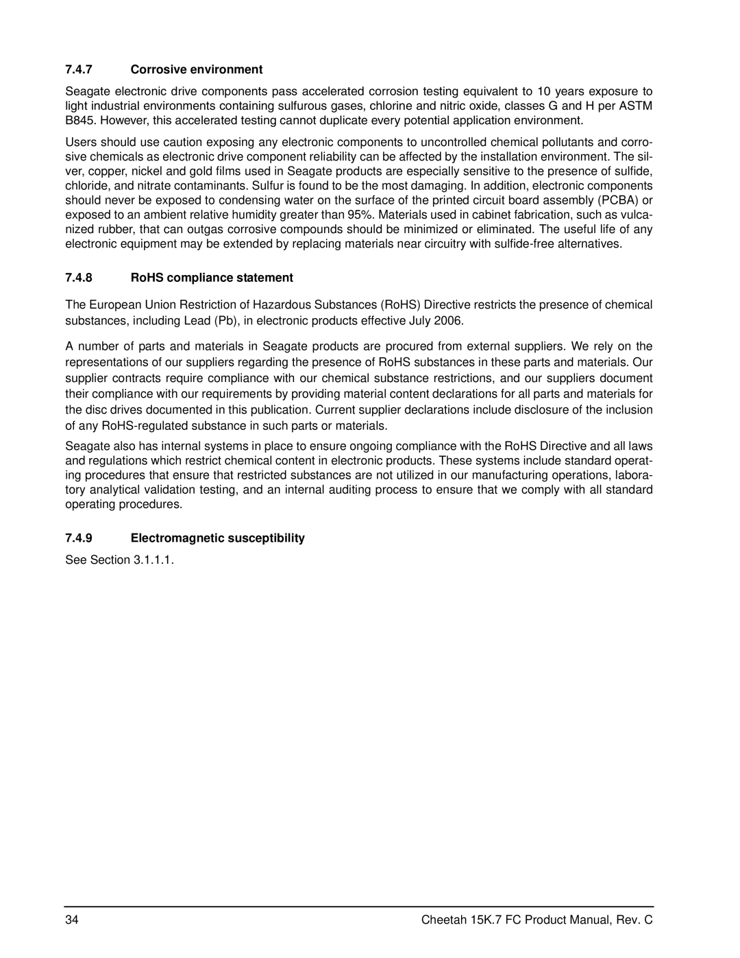 Seagate ST3450757FC manual Corrosive environment, RoHS compliance statement, Electromagnetic susceptibility See Section 