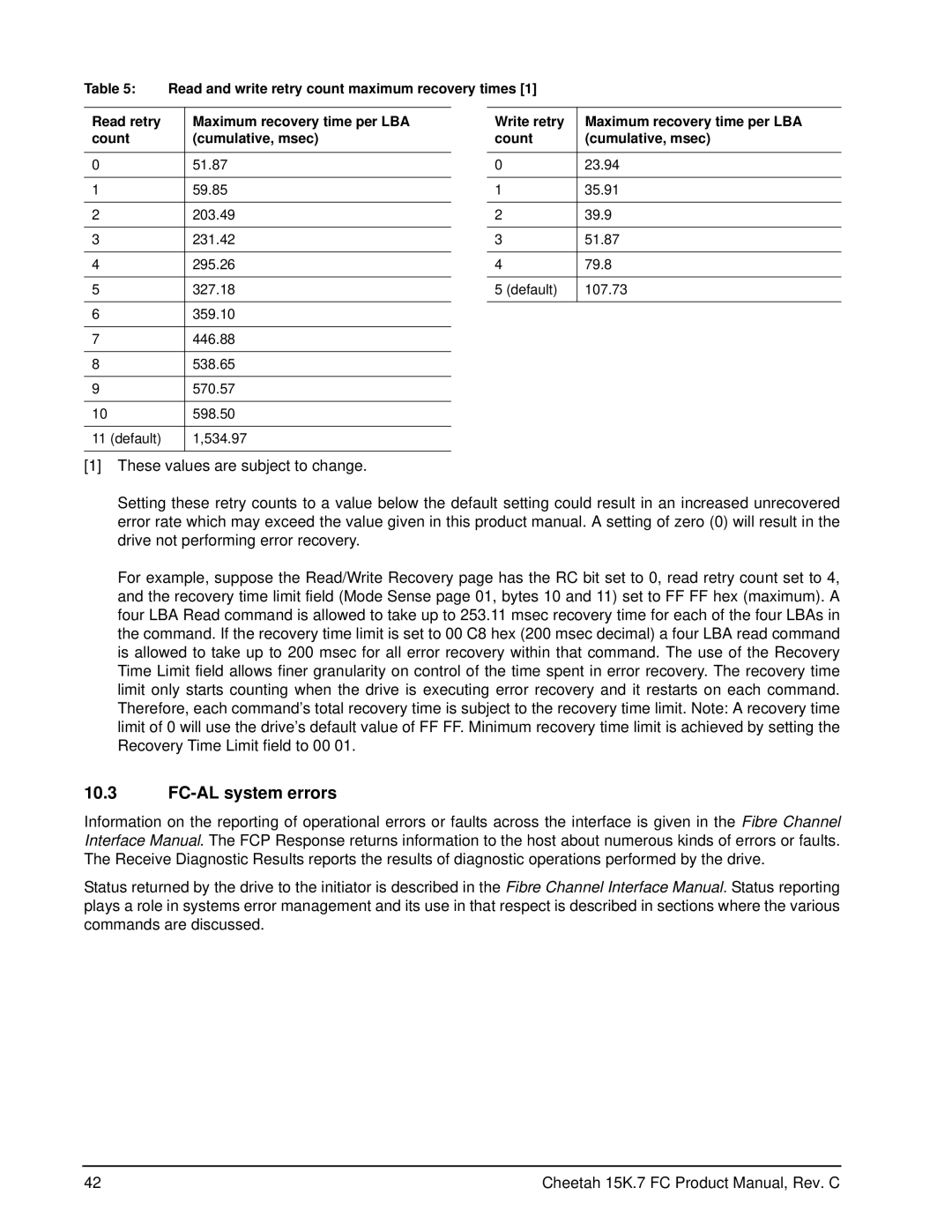 Seagate ST3450857FC, ST3300557FC, ST3300457FC, ST3300657FC manual FC-AL system errors, These values are subject to change 