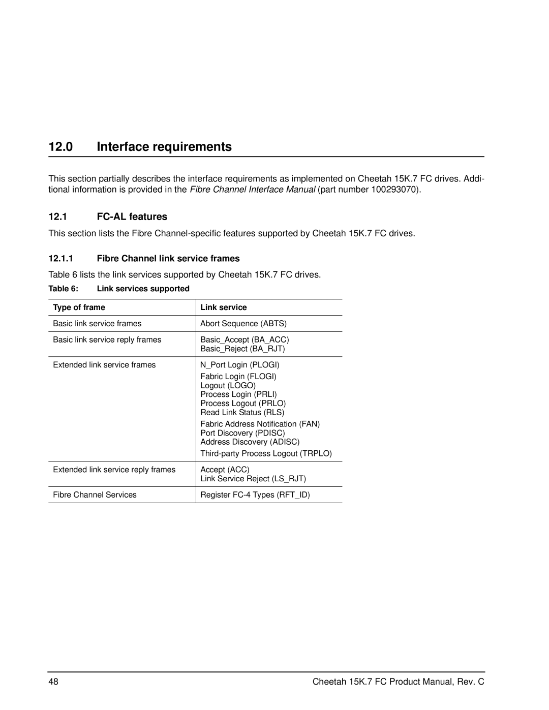 Seagate ST3300557FC, ST3300457FC, ST3300657FC Interface requirements, FC-AL features, Fibre Channel link service frames 