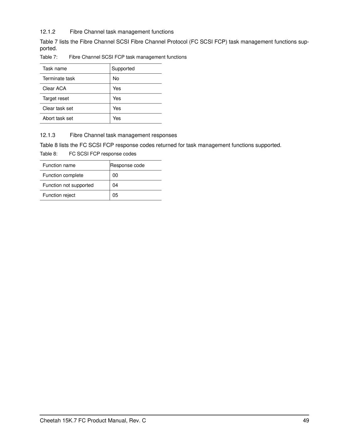 Seagate ST3300457FC, ST3300557FC manual Fibre Channel task management functions, Fibre Channel task management responses 