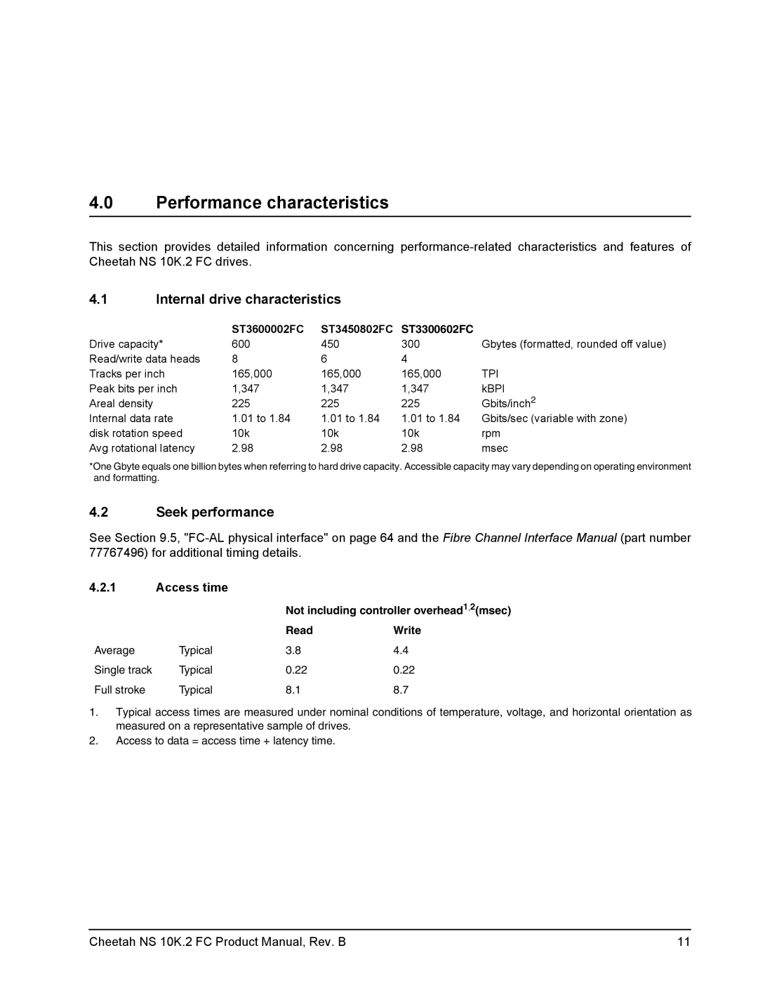 Seagate ST3600002FC manual Performance characteristics, Internal drive characteristics, Seek performance, Access time 